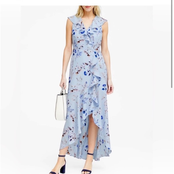 BANANA REPUBLIC Faux Wrap High Low Floral Ruffle Dress. Size 4 tall - Picture 2 of 13